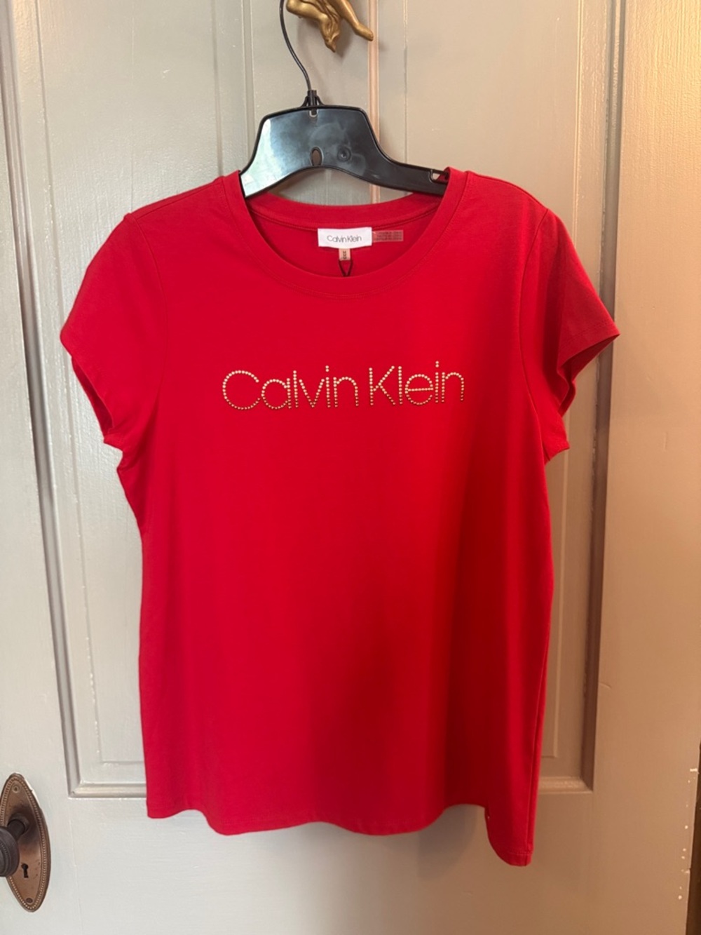 Calvin Klein Red Short-Sleeve Logo Tee with Rhinestone Detail